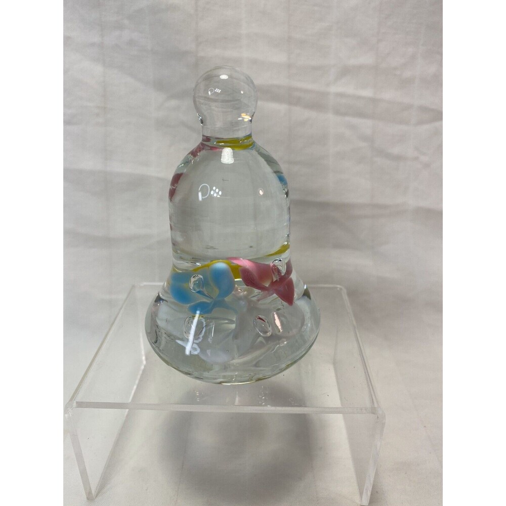 Vintage Joe St Clair Pink Yellow and Blue Flowers Green Leaves Bell Paperweight